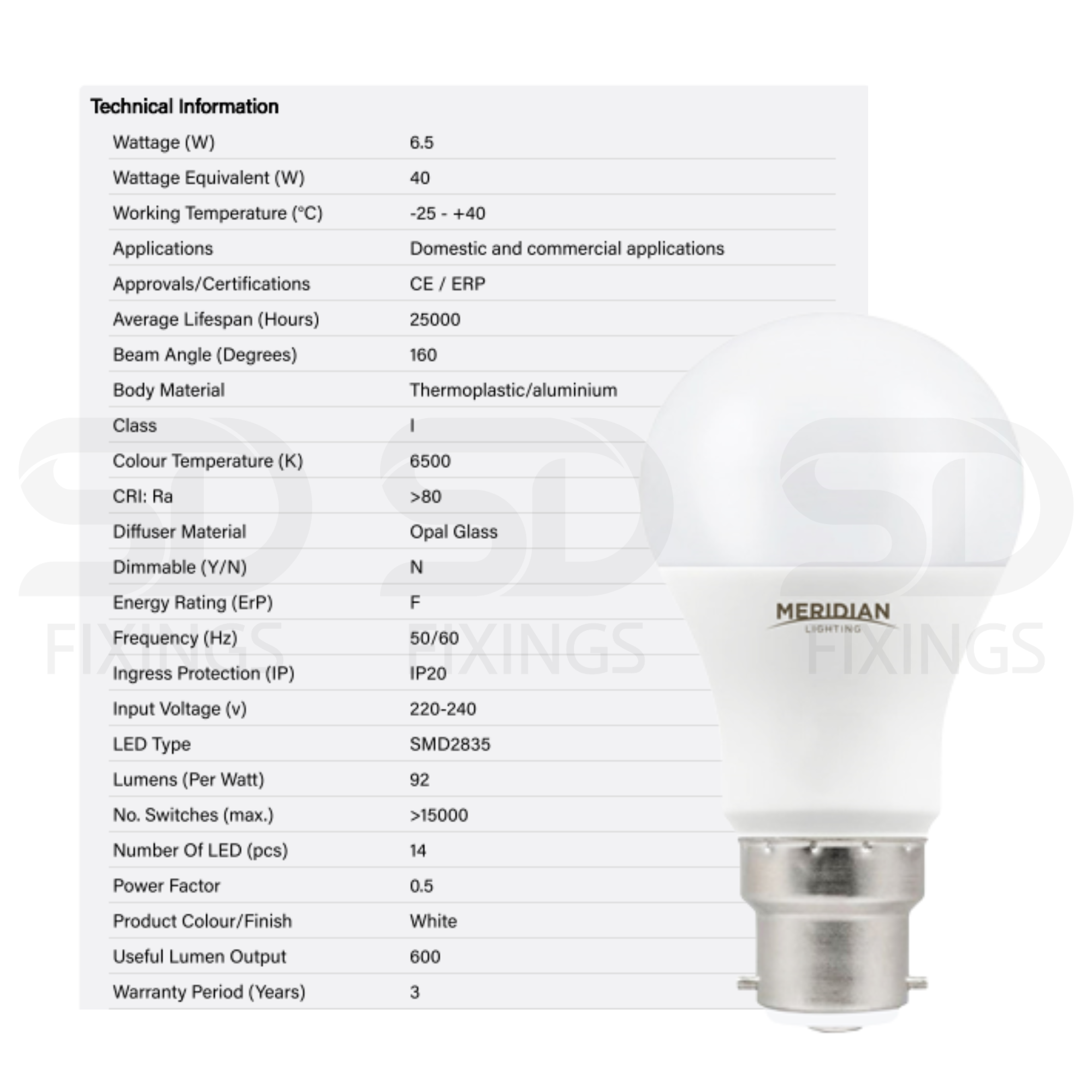 LED GLS B22 6.5W 6500K Cool White Opal Lamp 40W Equivalent - Pack of 2