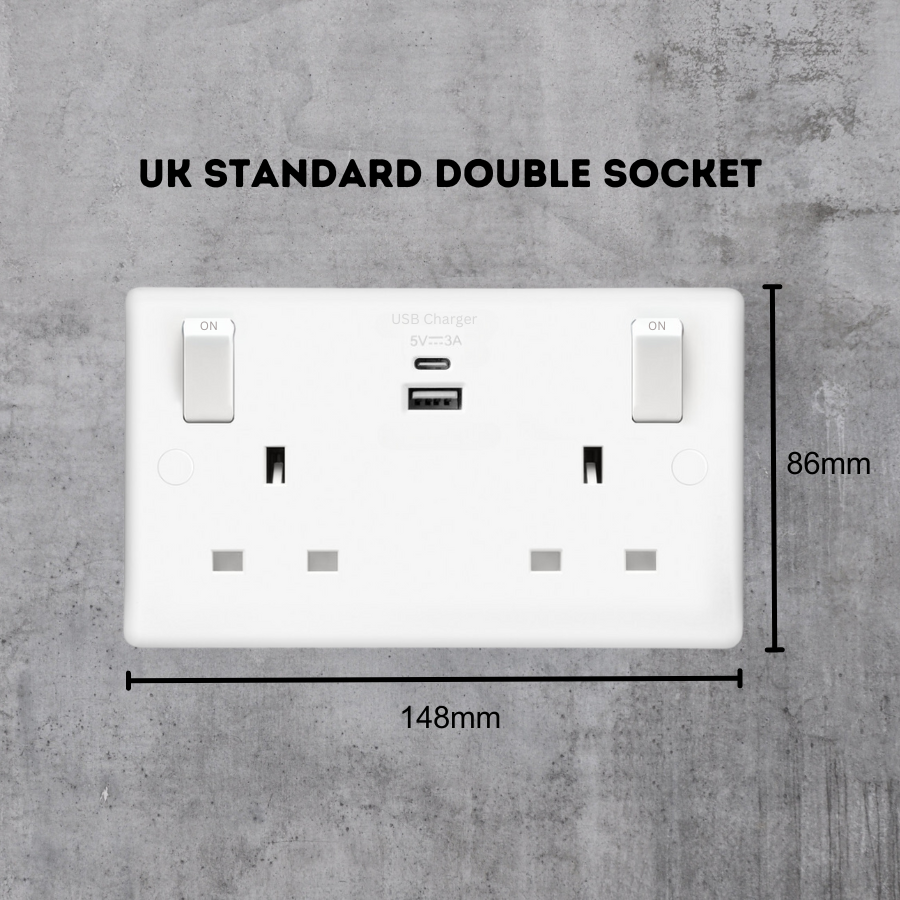 13A Double Switched Mains Socket with USB Charging, 2 Gang ?cludes-1-x-usb-a-and-1-x-usb-c-portsixtur