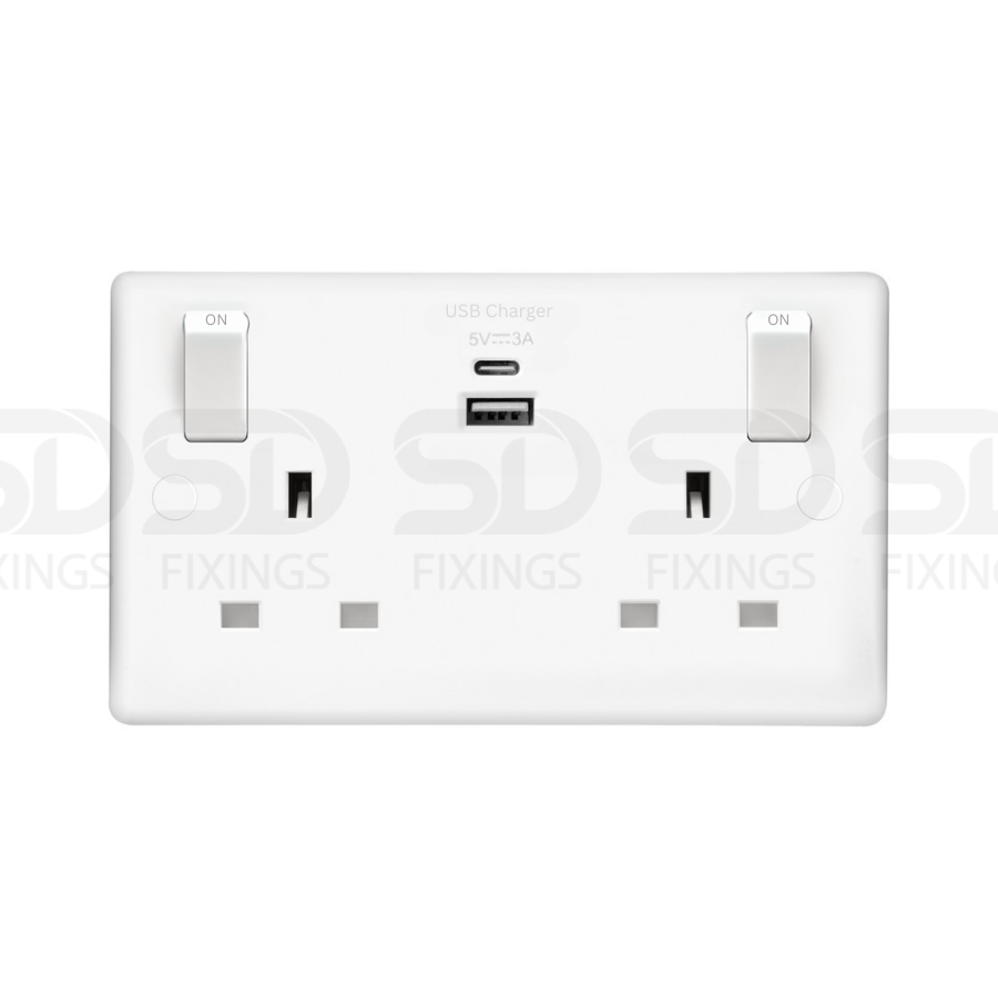 13A Double Switched Mains Socket with USB Charging, 2 Gang ?cludes-1-x-usb-a-and-1-x-usb-c-portsixtur