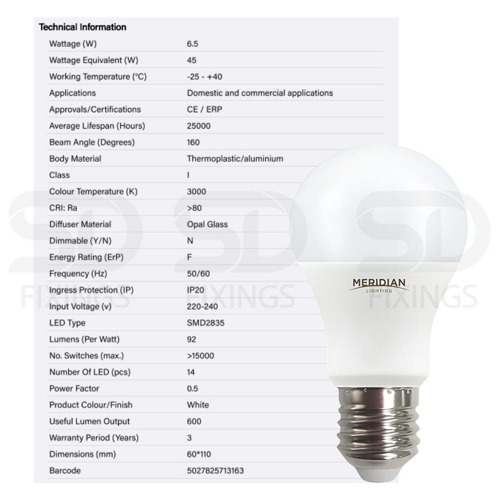 LED E27 ES GLS Bulb 6.5W Warm White 3000K 600 Lumens – Pack of 2 Non-Dimmable Light Bulbs for Home Lighting