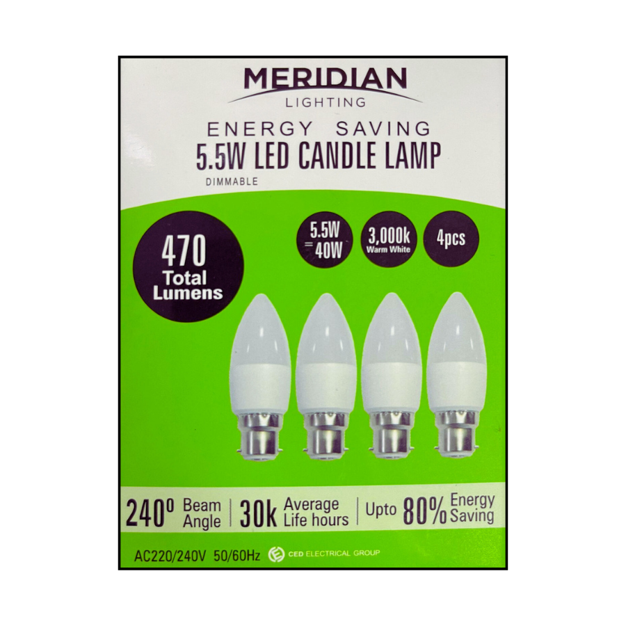 Meridian 5.5W BC Opal Dimmable Candle LED Bulbs (Pack of 4) | 3000K Warm White