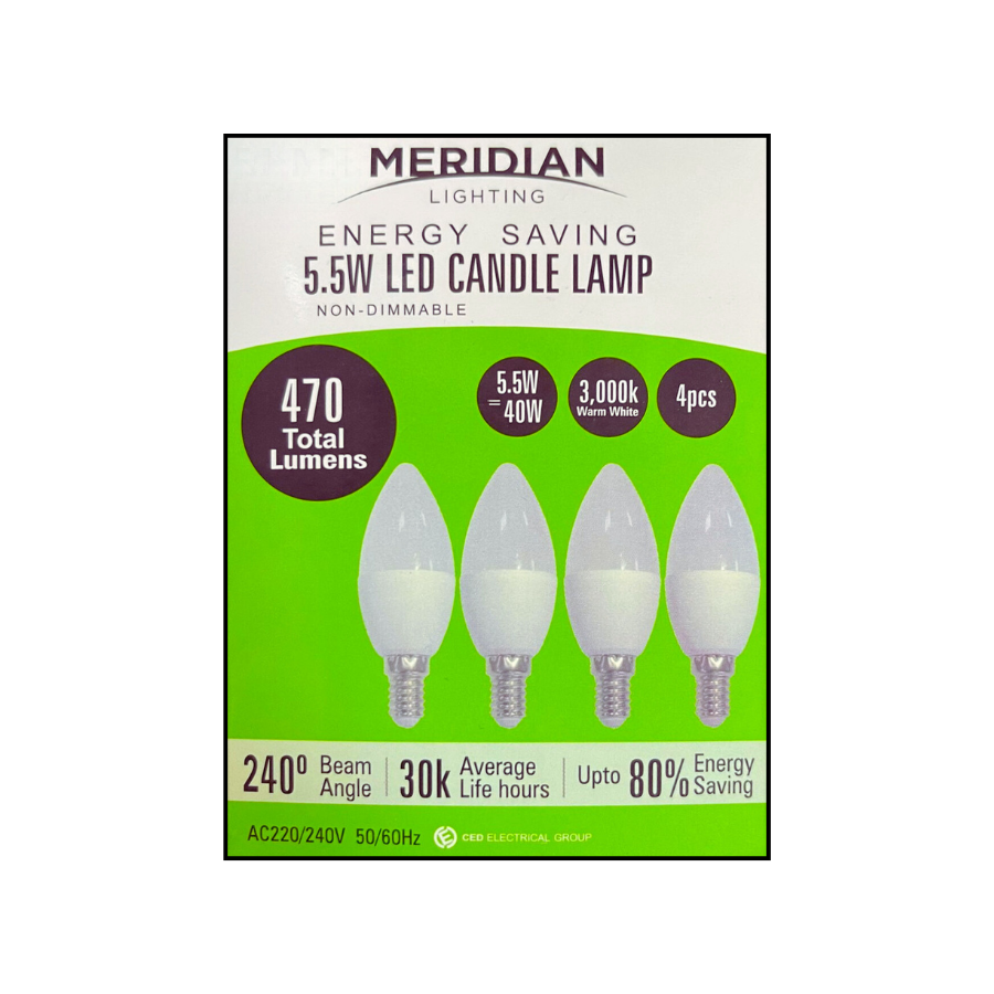 Meridian 5.5W SES/E14 Opal Candle LED Bulbs (Pack of 4) | 3000K Warm White