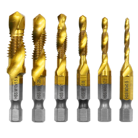 M3-M10 Spiral Tap Drill Bit Set Hex Shank Titanium Coated HSS