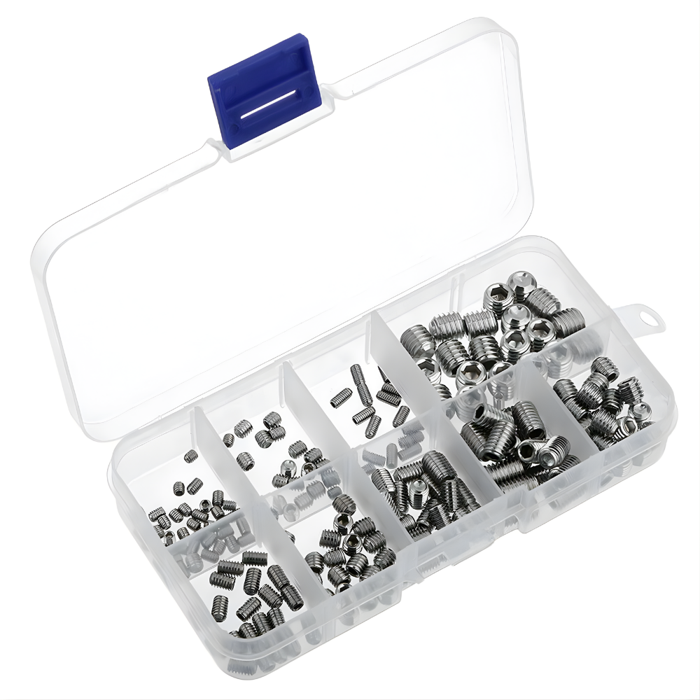 SDFIXINGS 200 Pcs Grub Screws Mixed Stainless Steel Cone Point Screws – M3, M4, M5, M6, M8 Hex Socket Thread Screw Assortment Kit with Storage Box