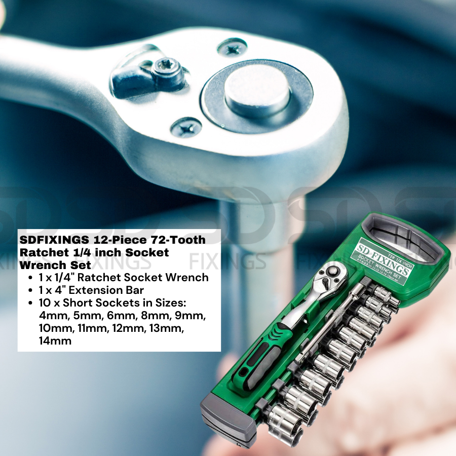 SDFIXINGS 72-Teeth 1/4" Ratchet 10-Piece Socket Set with 4-Inch Extension Bar