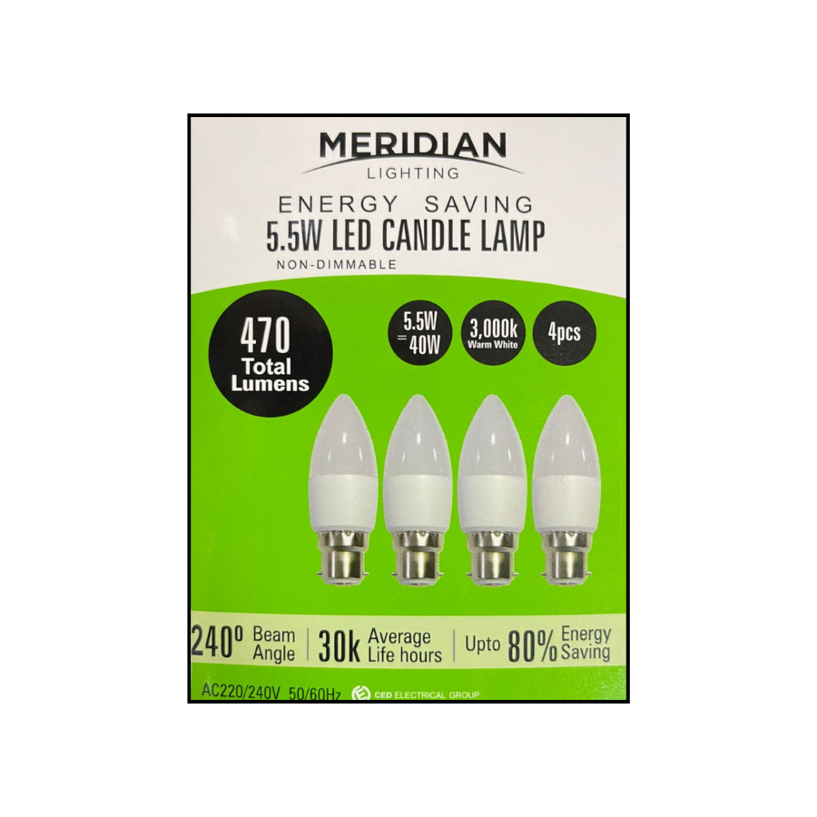 Meridian 5.5W BC Opal Candle LED Bulbs (Pack of 4) | 3000K Warm White
