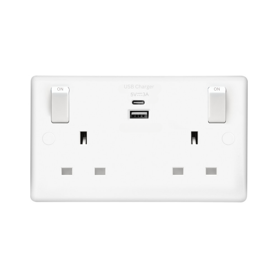 13A Double Switched Mains Socket with USB Charging, 2 Gang ?cludes-1-x-usb-a-and-1-x-usb-c-portsixtur