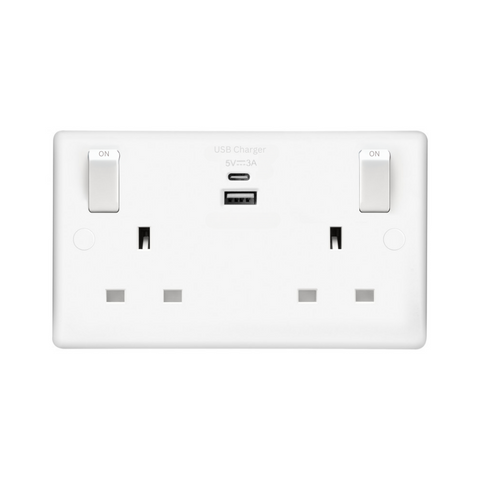 13A Double Switched Mains Socket with USB Charging, 2 Gang – Includes 1 x USB-A and 1 x USB-C Ports