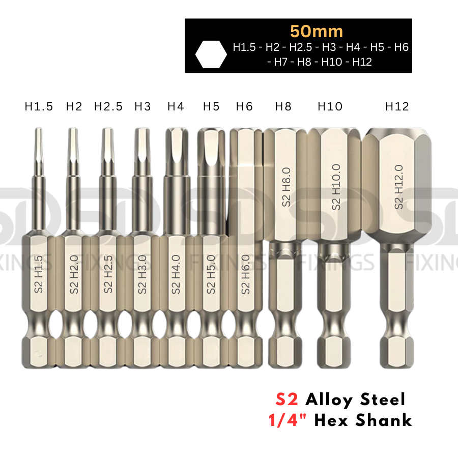 H1.5-12mm x 50mm Hex Head Magnetic Screwdriver Bits, 1/4 Inch Hex Shank S2 Steel