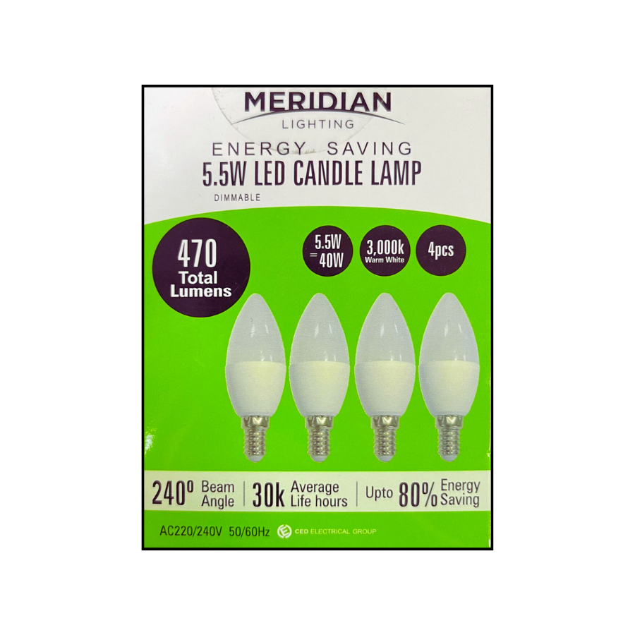 Meridian 5.5W SES/E14 Opal Dimmable Candle LED Bulbs (Pack of 4) | 3000K Warm White
