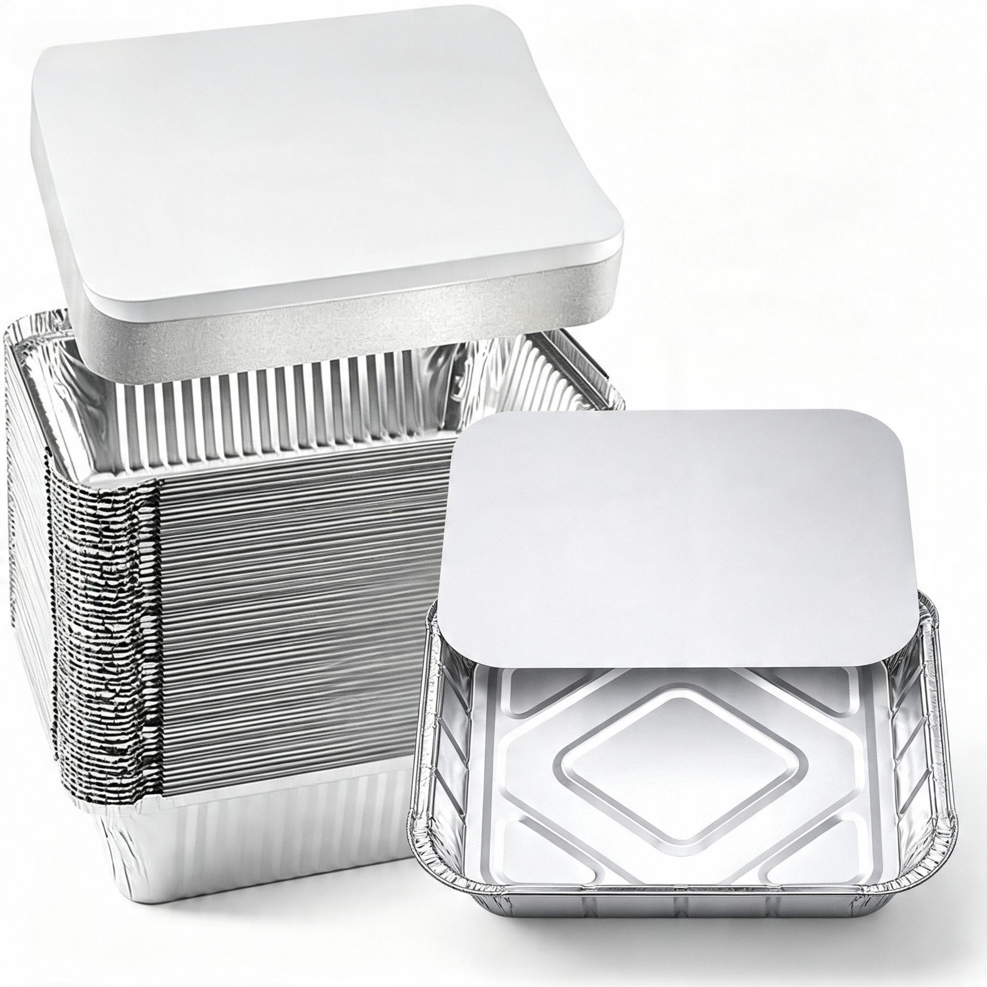 Deep Square Aluminum Foil Containers with Lids, 9 x 9 x 2 Inch (24.5x24.5x5.5cm)
