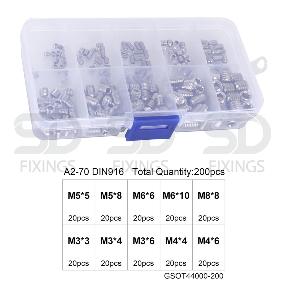 SDFIXINGS 200 Pcs Grub Screws Mixed Stainless Steel Cone Point Screws – M3, M4, M5, M6, M8 Hex Socket Thread Screw Assortment Kit with Storage Box