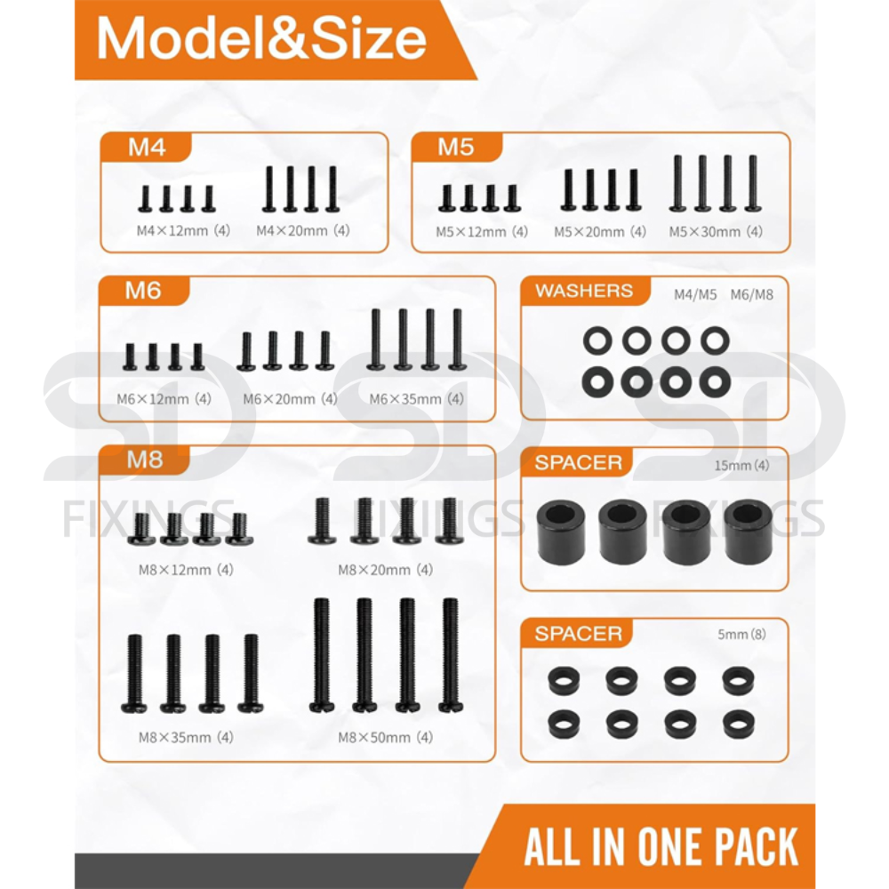 Universal TV Mounting Hardware Screws Kit with Box – Includes M4, M5, M6, M8 Screws, Washers & Spacers – VESA Mount Replacement Screws for TVs Up to 82 Inches