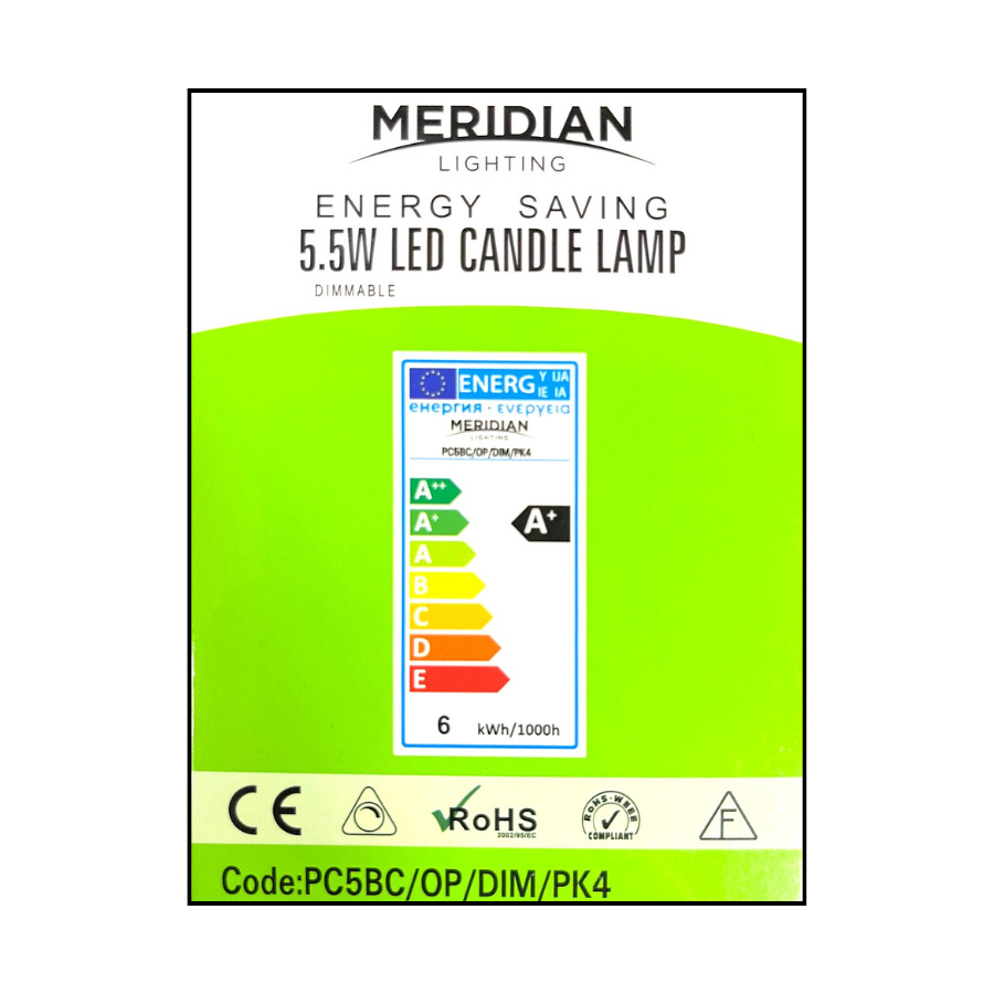 Meridian 5.5W BC Opal Dimmable Candle LED Bulbs (Pack of 4) | 3000K Warm White