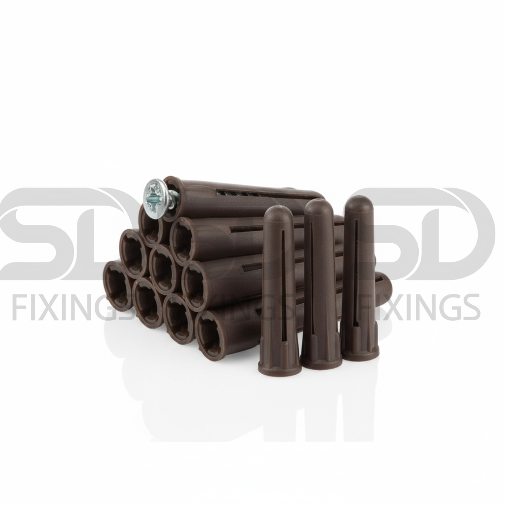 Brown Expansion Plugs (Bag of 200) – Wall Fixings for 10–14mm Screws | Heavy-Duty Rawl Plugs for Masonry, Brick & Concrete