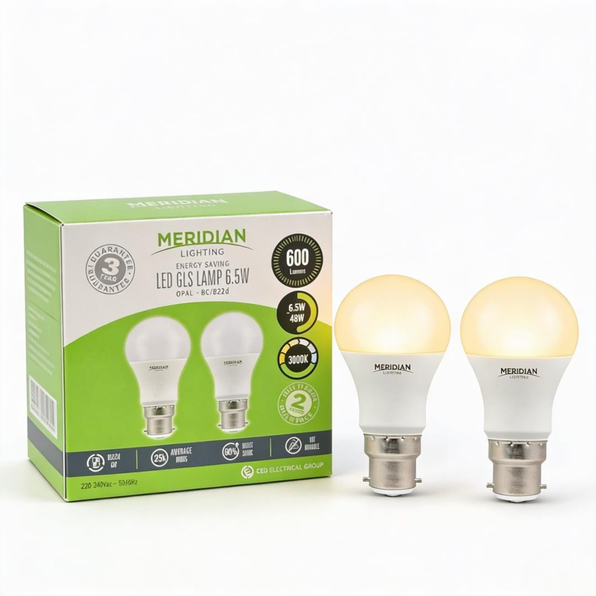LED GLS B22 6.5W 3000K Warm White Opal Lamp 40W Equivalent - Pack of 2