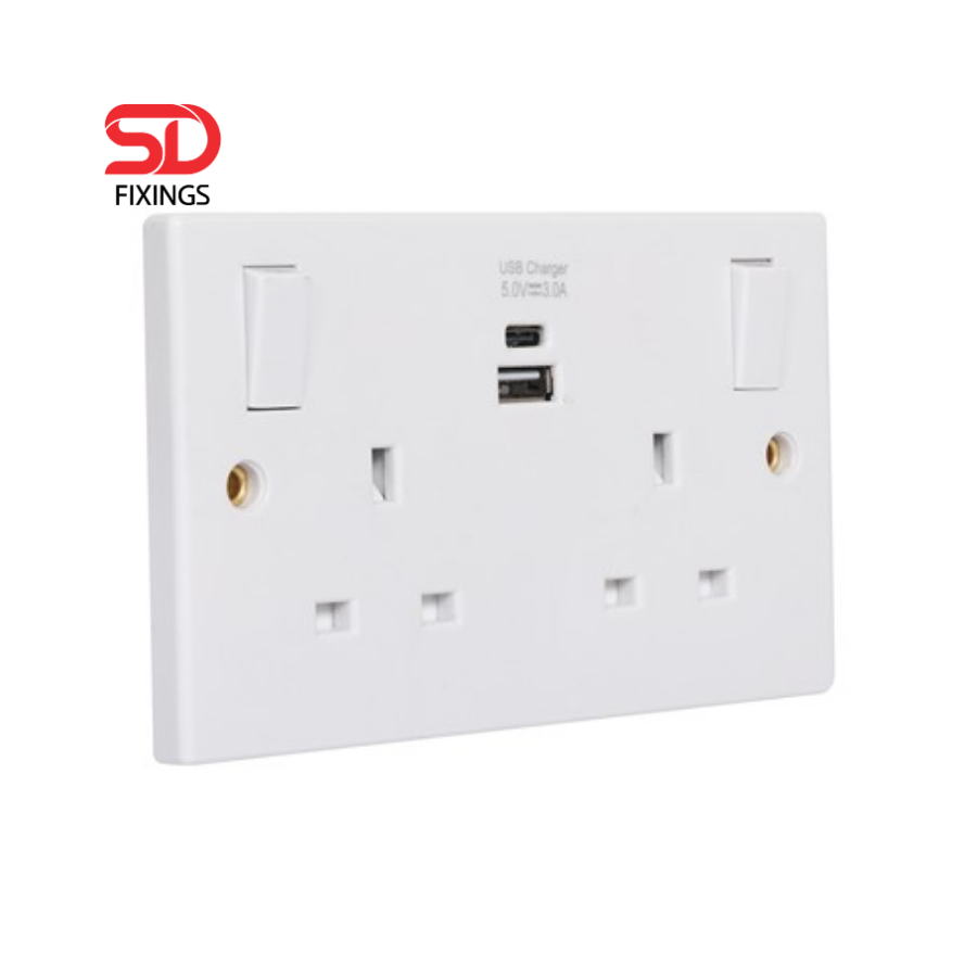 13A Double Switched Mains Socket with USB Charging, 2 Gang ?cludes-1-x-usb-a-and-1-x-usb-c-portsixtur