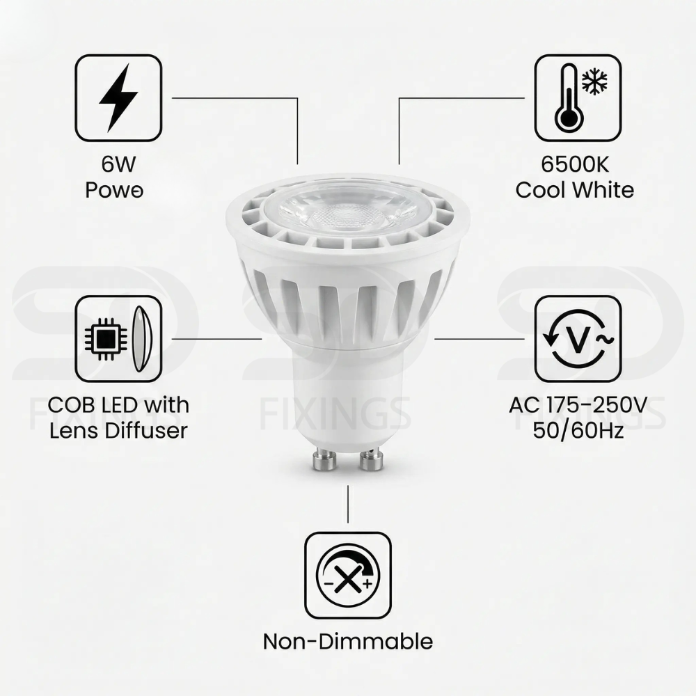 6W LED GU10 Spotlight Bulb, 6500K Cool White, Non-Dimmable, COB LED Lamp AC175–250V – Meridian Lighting