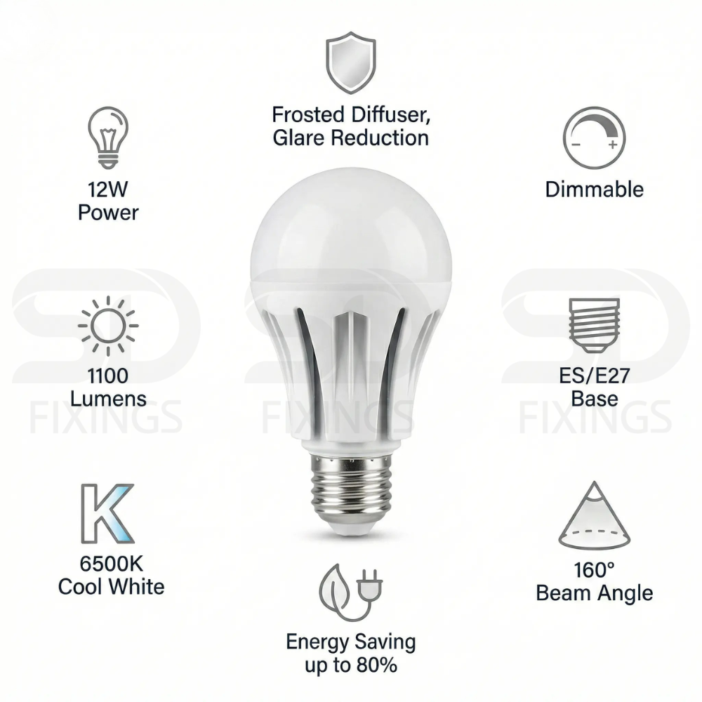 12W LED Bulb E27 A60 Dimmable, 1100 Lumens, 6500K Cool White – Meridian Lighting