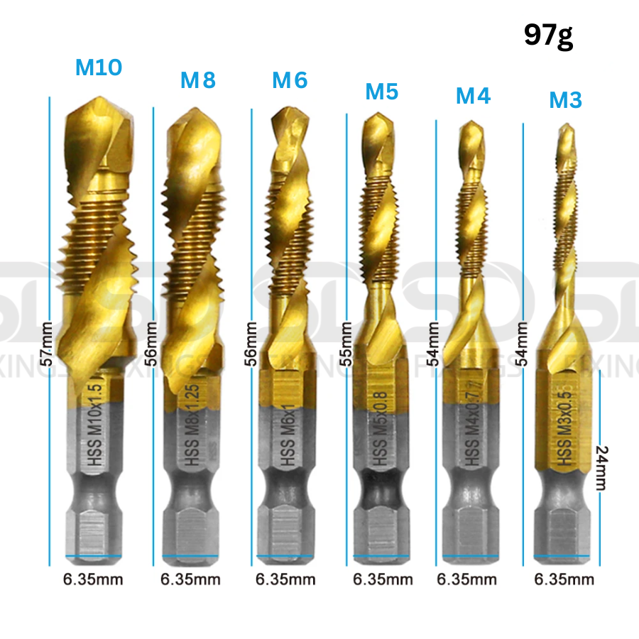 M3-M10 Spiral Tap Drill Bit Hex Shank Titanium Coated HSS