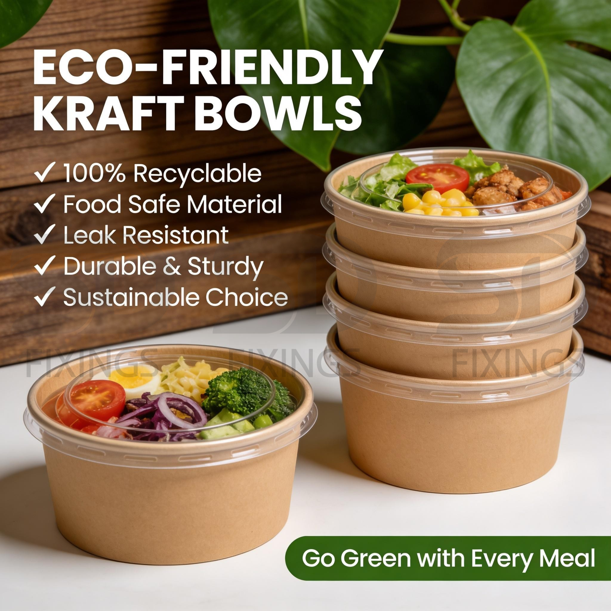 750ml Kraft Paper Food Bowls with Clear Lids – Pack of 50