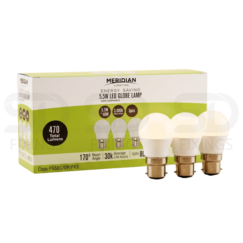 5.5W LED Mini Globe Bulb B22 BC 40W Equivalent Warm White 3000K - Pack of 3