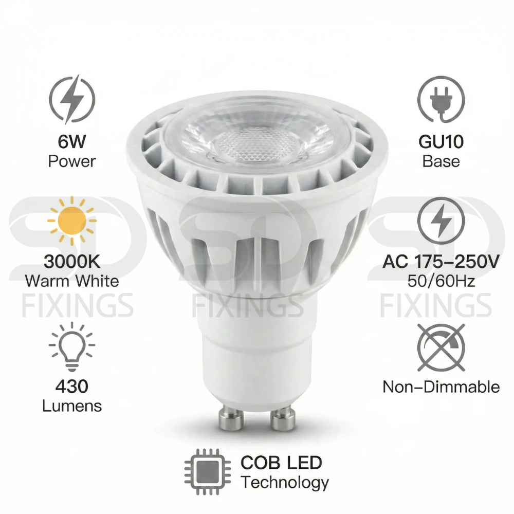 6W GU10 LED Spotlight Bulb, 3000K Warm White, Non-Dimmable COB LED with Lens Diffuser, AC175–250V – Meridian Lighting