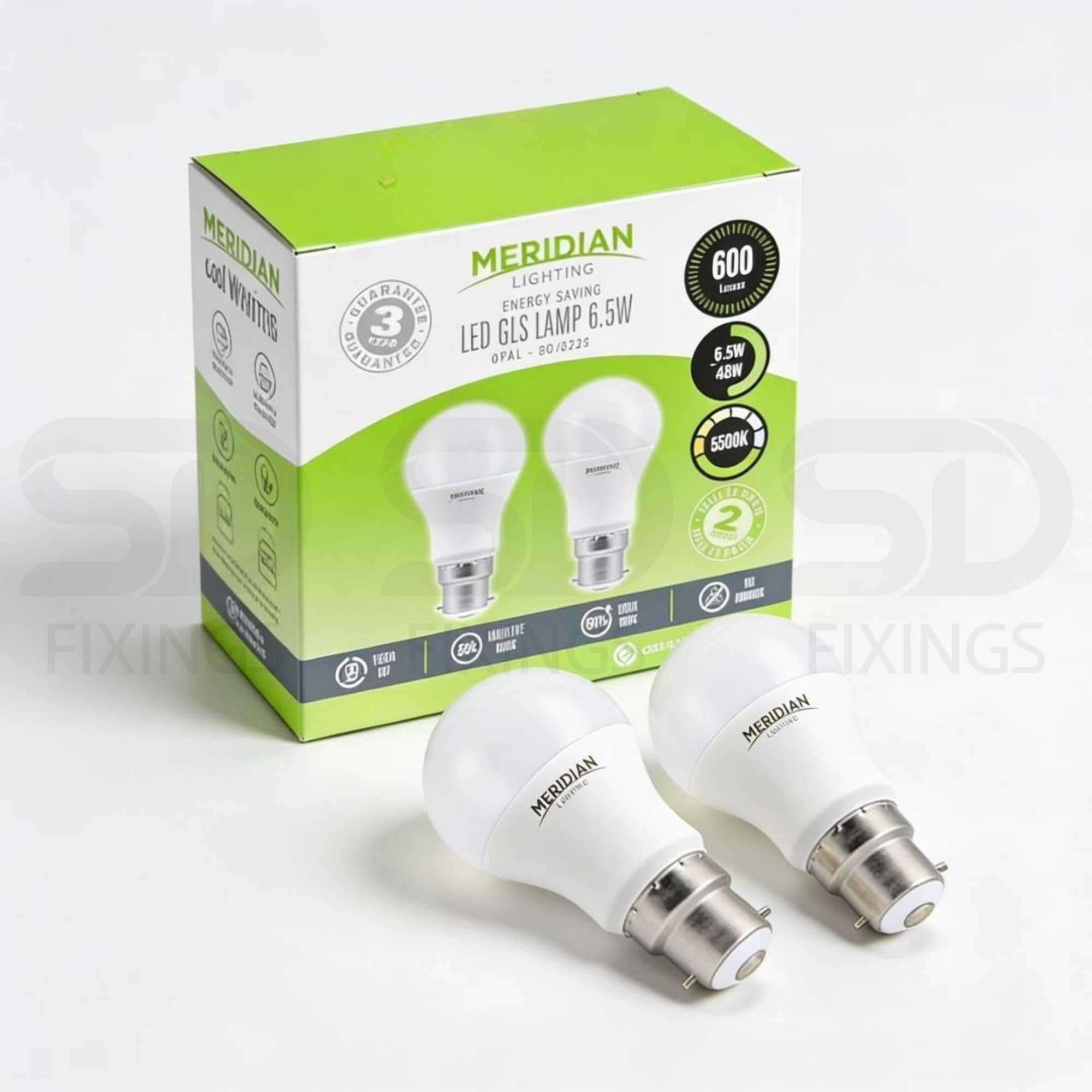 LED GLS B22 6.5W 6500K Cool White Opal Lamp 40W Equivalent - Pack of 2