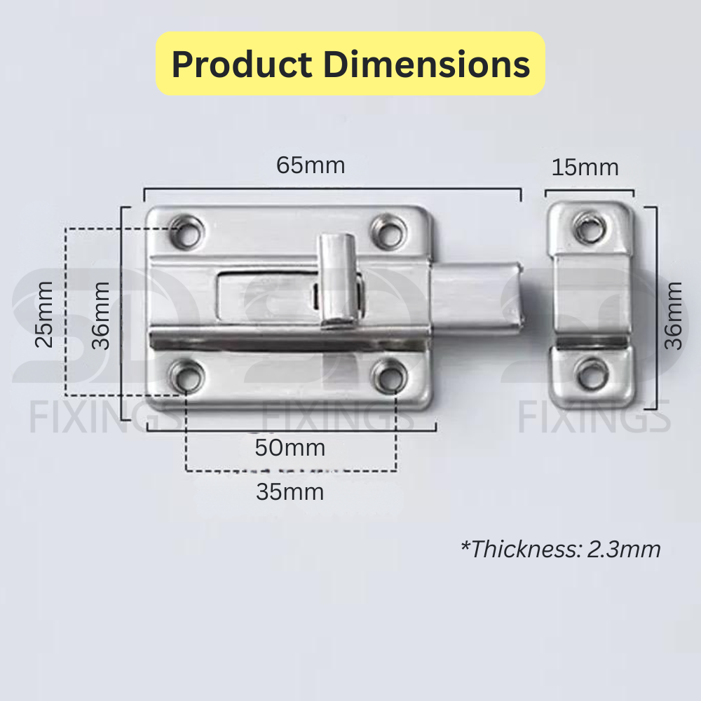 2 Inch Flat Door Bolt 36x50mm – Heavy Duty Slide Latch for Internal & External Doors
