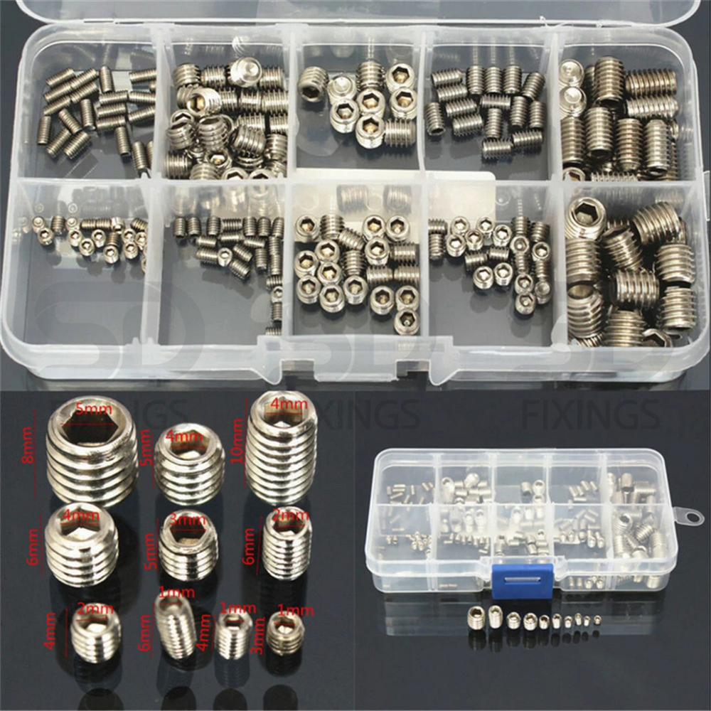 SDFIXINGS 200 Pcs Grub Screws Mixed Stainless Steel Cone Point Screws – M3, M4, M5, M6, M8 Hex Socket Thread Screw Assortment Kit with Storage Box