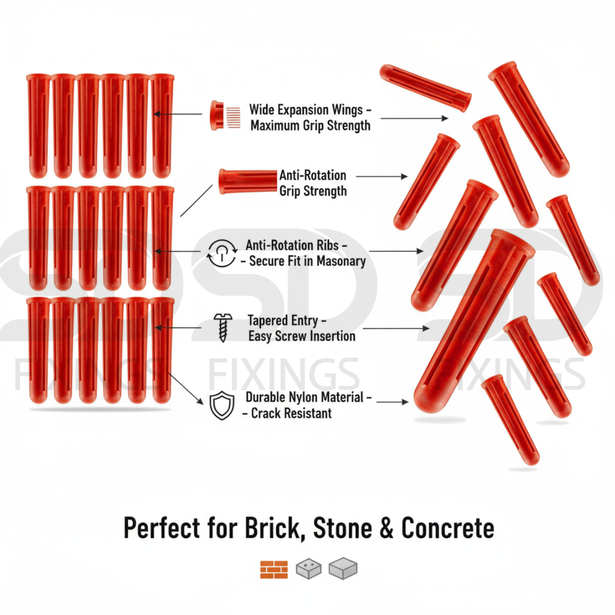 Red Expansion Plugs (Bag of 200) – Wall Fixings for 6–10mm Screws | Heavy-Duty Rawl Plugs for Masonry, Brick & Concrete