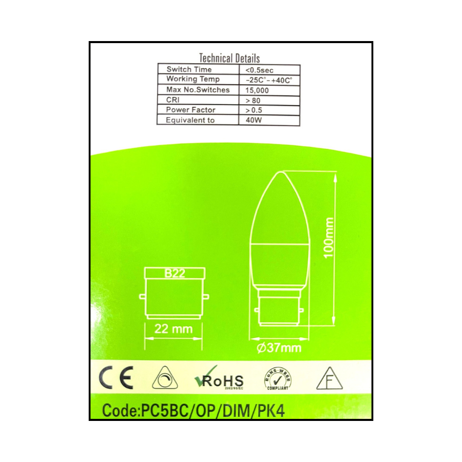 Meridian 5.5W BC Opal Dimmable Candle LED Bulbs (Pack of 4) | 3000K Warm White