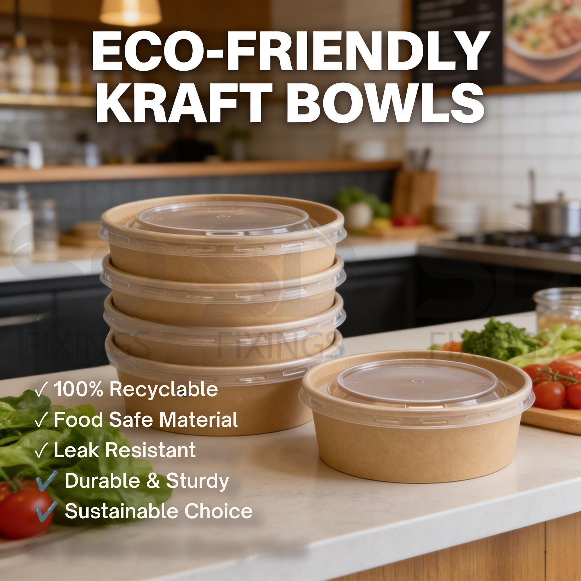 1000ml Kraft Paper Food Bowls with Clear Lids – Pack of 50