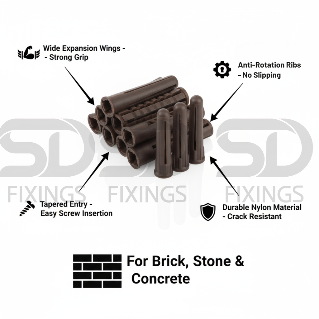 Brown Expansion Plugs (Bag of 200) – Wall Fixings for 10–14mm Screws | Heavy-Duty Rawl Plugs for Masonry, Brick & Concrete
