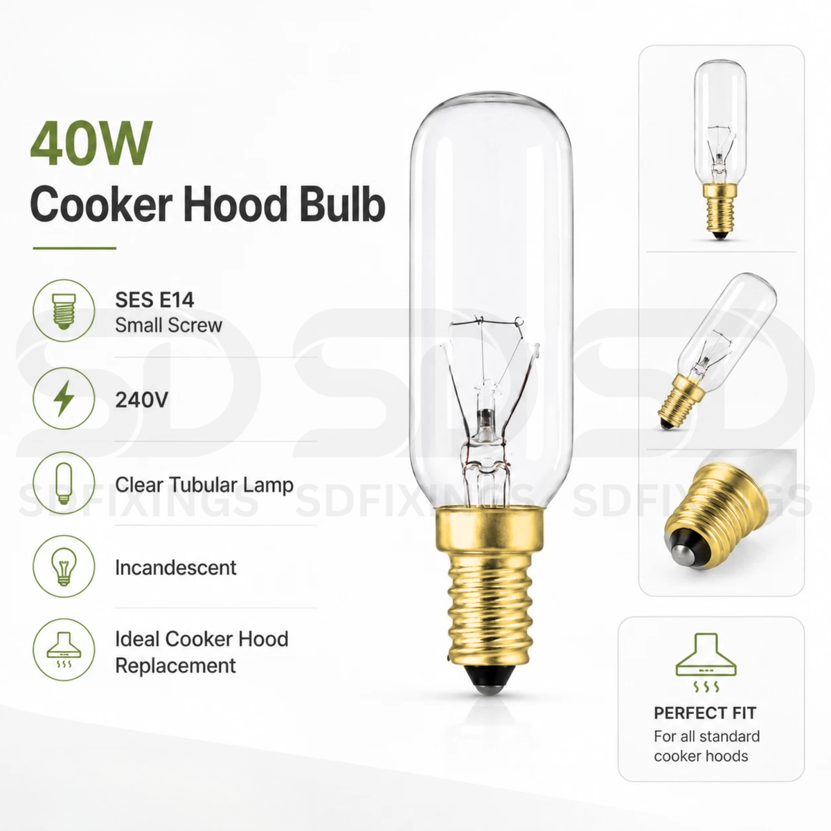 40W SES E14 Dimmable Cooker Hood Light Bulb, Clear Tubular 240V