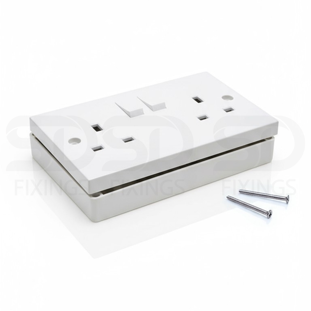 13A Double Wall Socket 2 Gang with Switches & 25mm Pattress Back Box