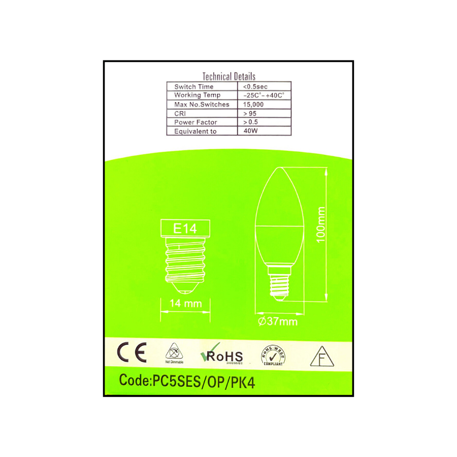 Meridian 5.5W SES/E14 Opal Candle LED Bulbs (Pack of 4) | 3000K Warm White