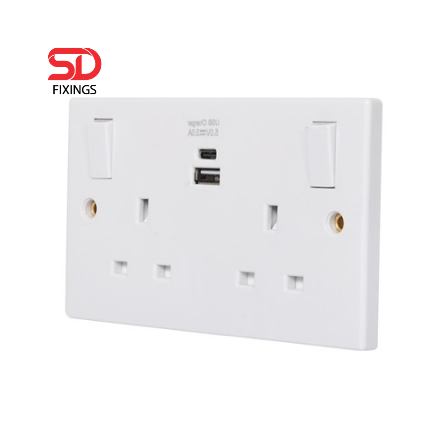 13A Double Switched Mains Socket with USB Charging, 2 Gang ?cludes-1-x-usb-a-and-1-x-usb-c-portsixtur