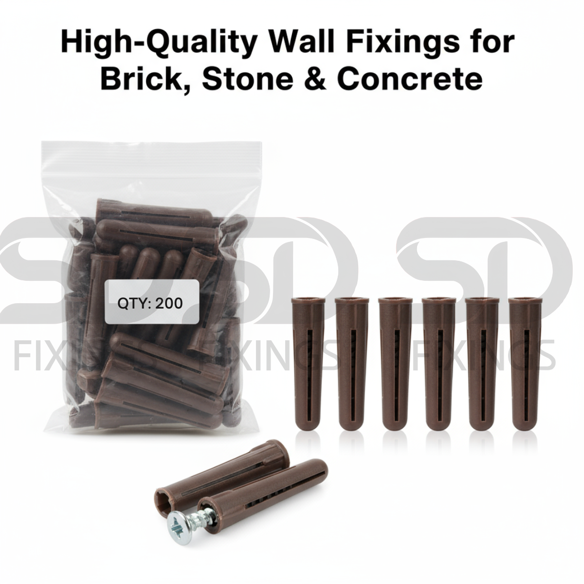 Brown Expansion Plugs (Bag of 200) – Wall Fixings for 10–14mm Screws | Heavy-Duty Rawl Plugs for Masonry, Brick & Concrete