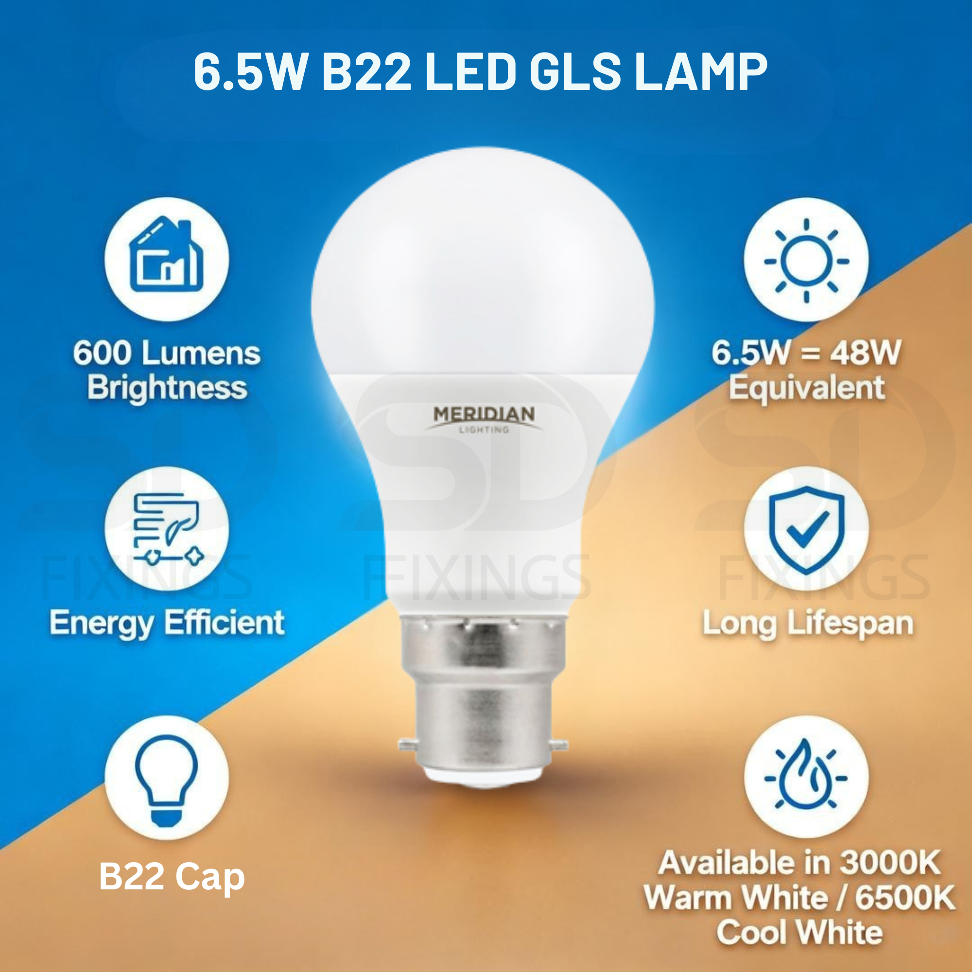 LED GLS B22 6.5W 6500K Cool White Opal Lamp 40W Equivalent - Pack of 2