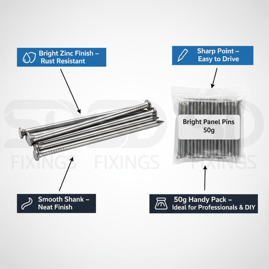 15x1.25mm Bright Panel Pins 50g – Steel Nails for Woodworking & DIY