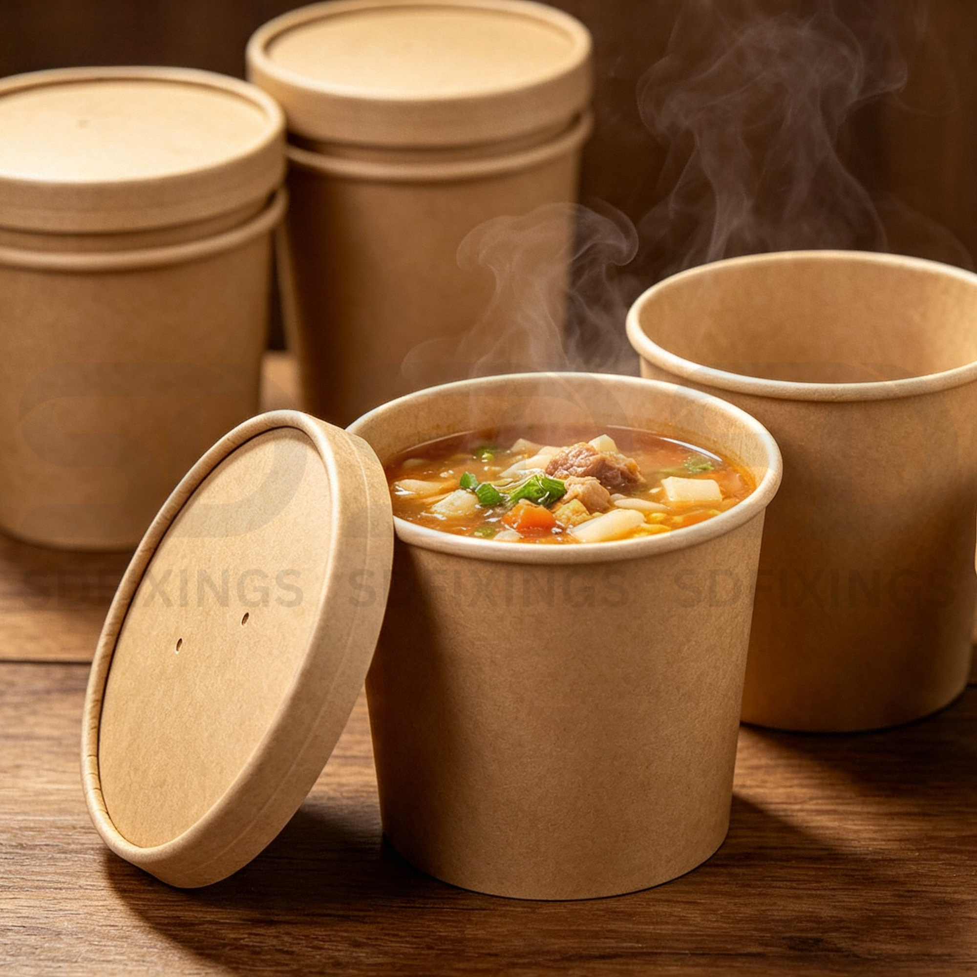 Disposable Brown Kraft Soup Cups with Lid | 16oz / 470ml Soup Bowls
