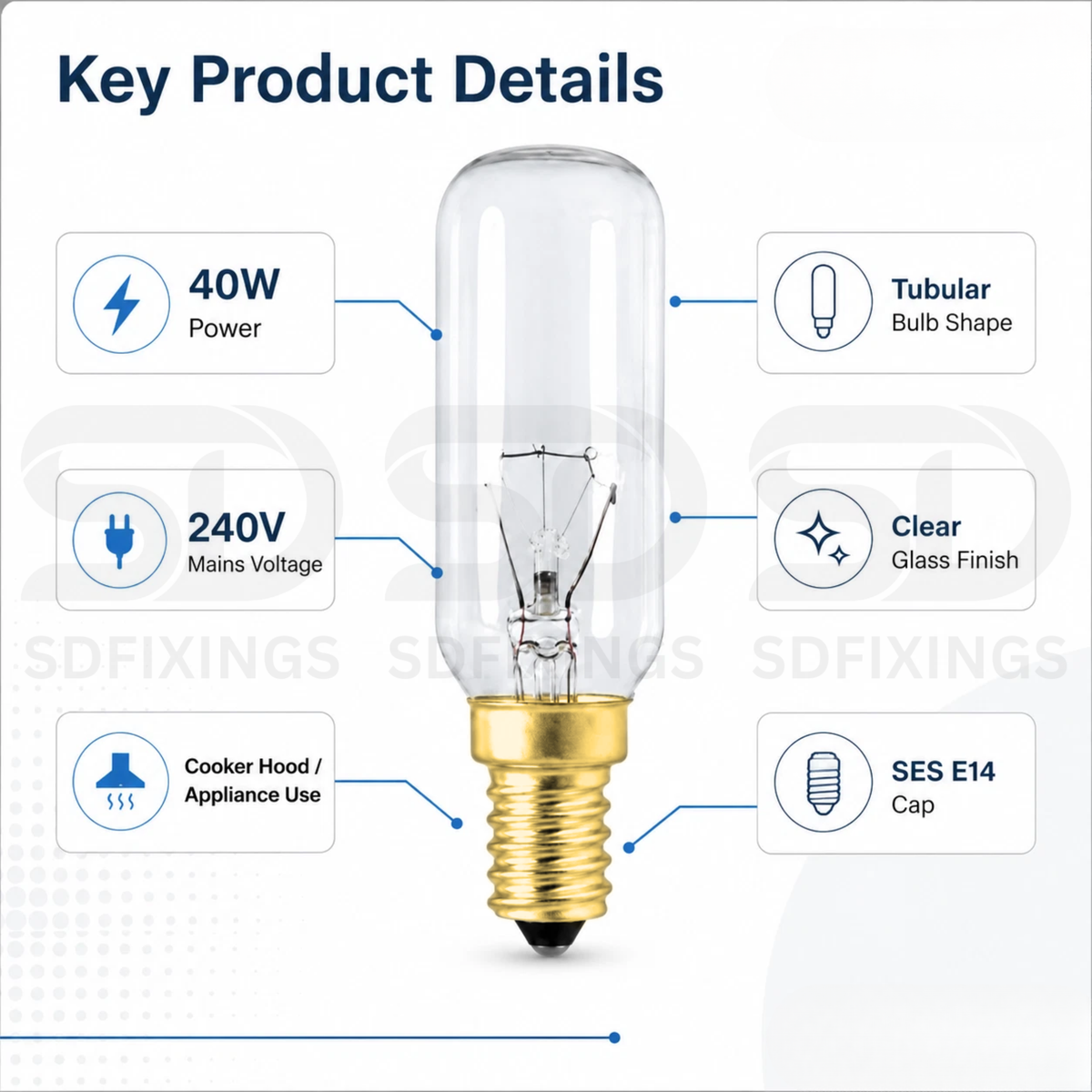 40W SES E14 Dimmable Cooker Hood Light Bulb, Clear Tubular 240V