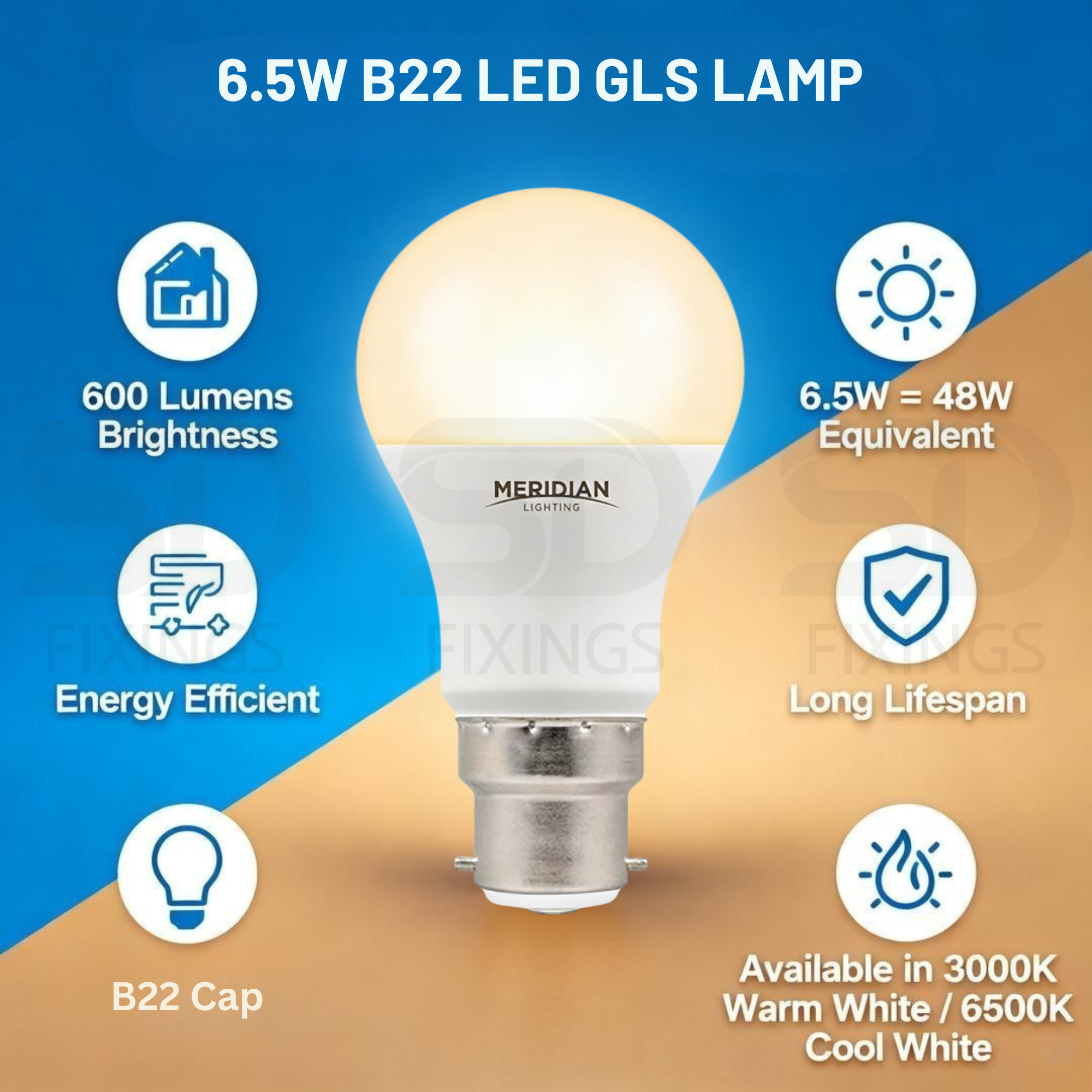 LED GLS B22 6.5W 3000K Warm White Opal Lamp 40W Equivalent - Pack of 2