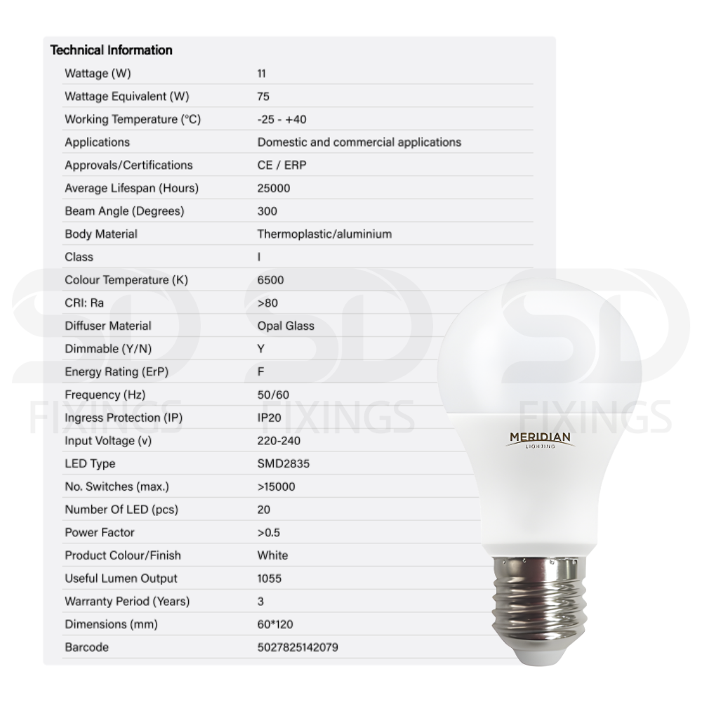 Dimmable LED A60 E27 Bulb 9.5W (6500K Cool White) – Model PES12CW/DIM