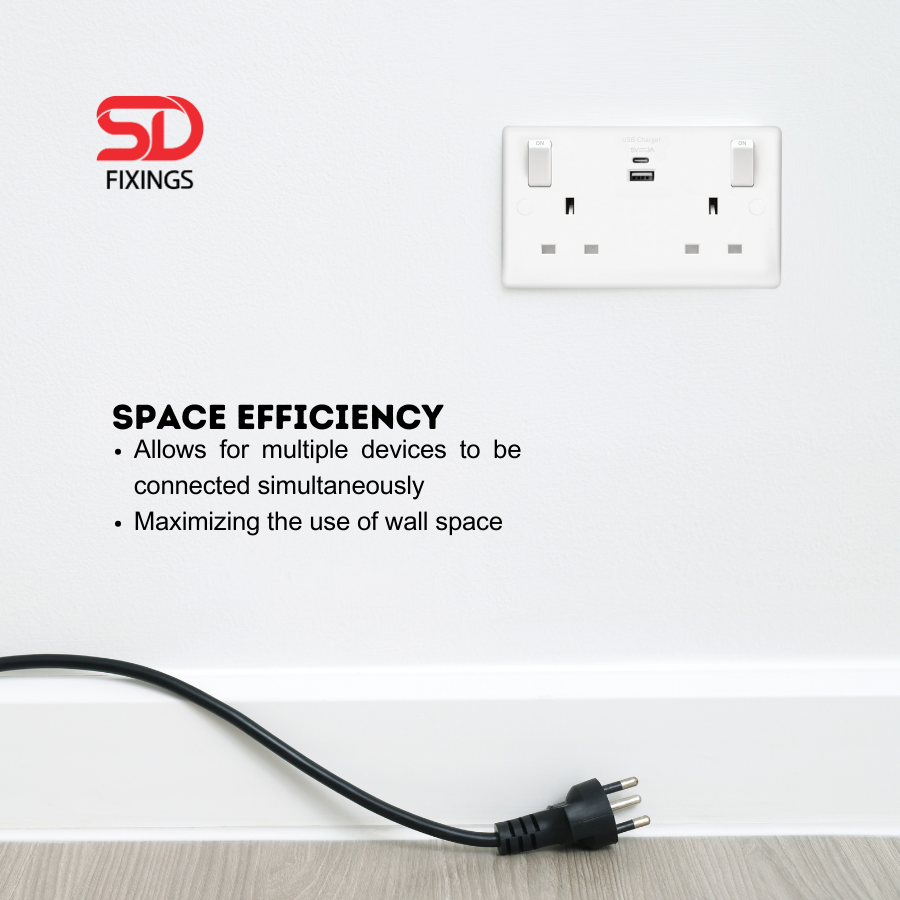 13A Double Switched Mains Socket with USB Charging, 2 Gang ?cludes-1-x-usb-a-and-1-x-usb-c-portsixtur