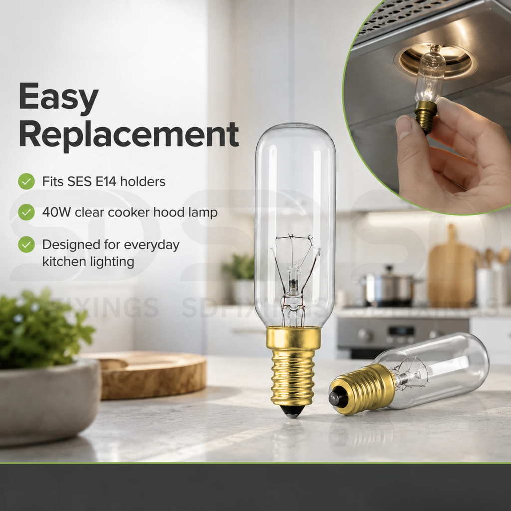 40W SES E14 Dimmable Cooker Hood Light Bulb, Clear Tubular 240V