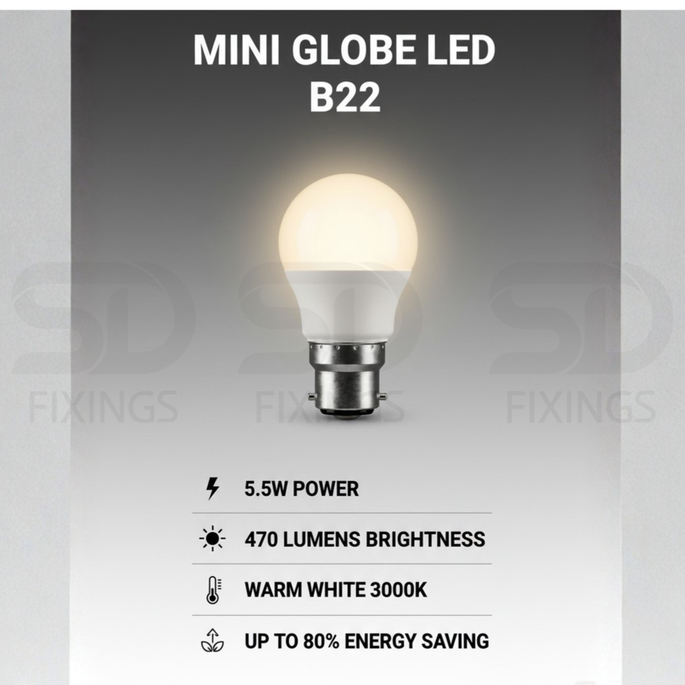 5.5W LED Mini Globe Bulb B22 BC 40W Equivalent Warm White 3000K - Pack of 3