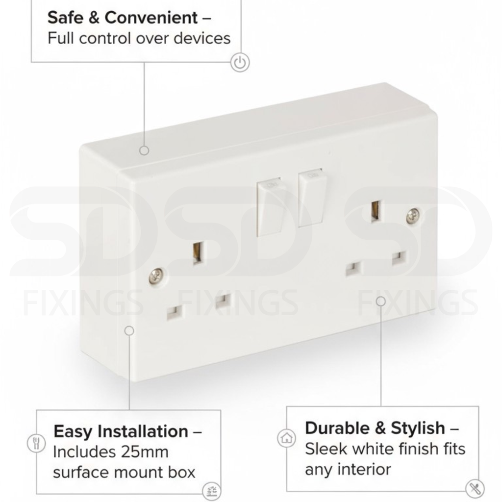 13A Double Wall Socket 2 Gang with Switches & 25mm Pattress Back Box