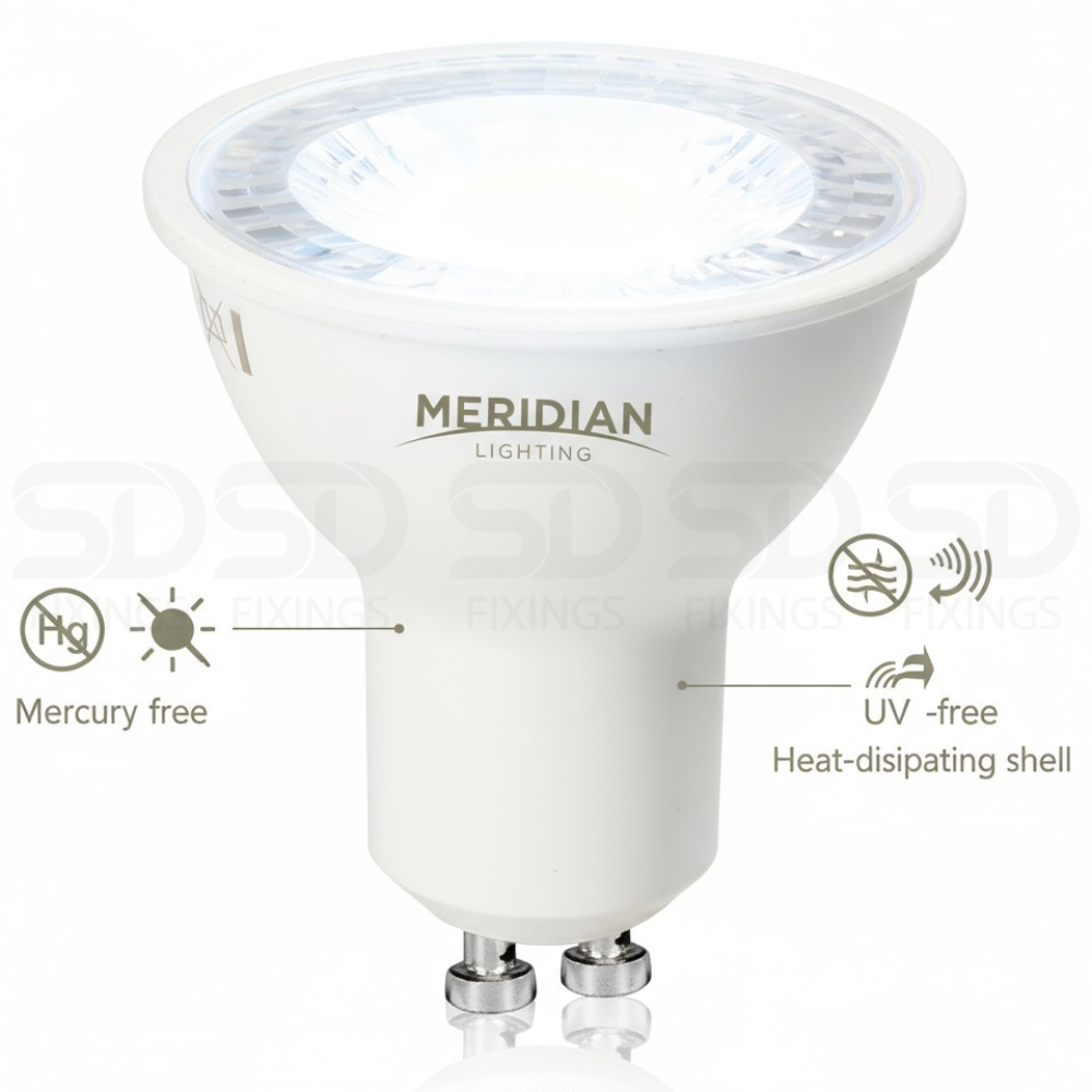 Meridian LED GU10 Bulbs – 3.5W (50W Equivalent), Daylight 6000K, 345lm, Non-Dimmable – Pack of 5
